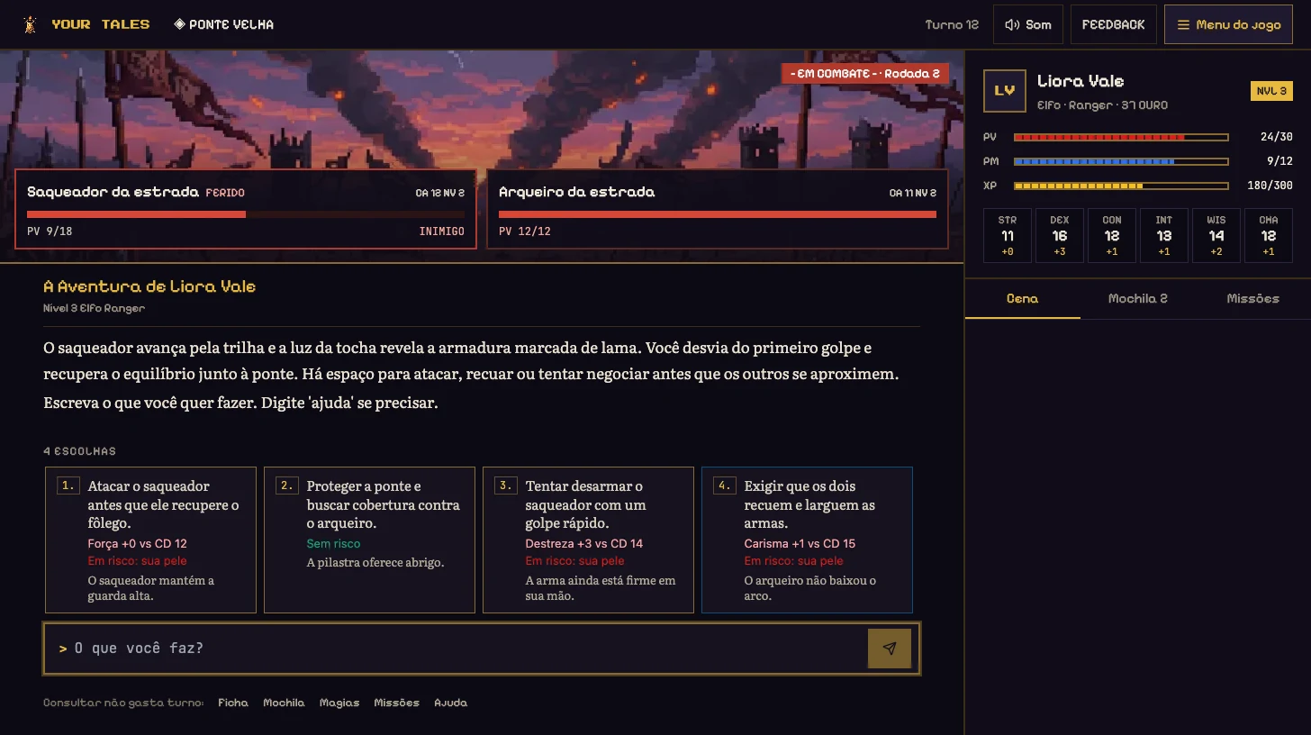 Combate com dois inimigos, vida, armadura, nível e escolhas